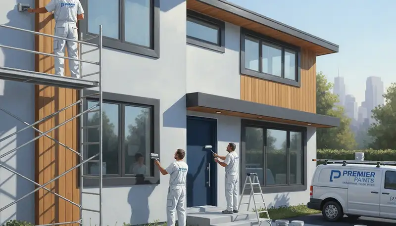 House painter working on Indianapolis, IN home exterior with professional painting tools